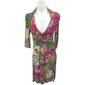 Etro Multicolor Abstract Half Sleeve Ruched Deep V-Neck Sheath Midi Dress Sz 12
